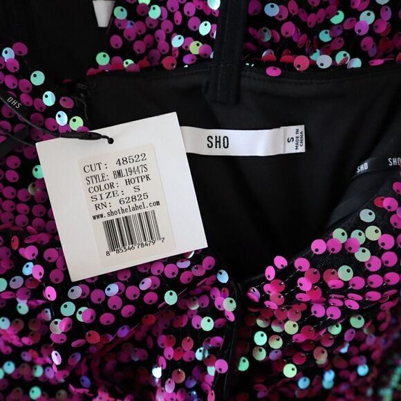 SHO x Tadashi Shoji Sz Small Hot Pink Sequin Surplice Neck Body-Con Dress - Picture 9 of 16